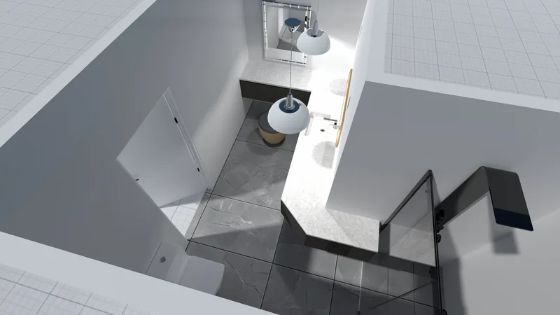 3D rendering of a bathroom with a floating vanity, an oval mirror, pendant lights, and tiled walls.